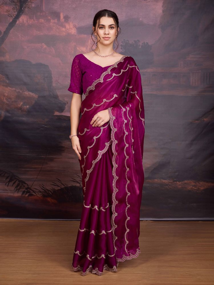 Jyoti Fashion Women's Wine Jimmy Choo Embroidered Designer Saree with Blouse - Distacart