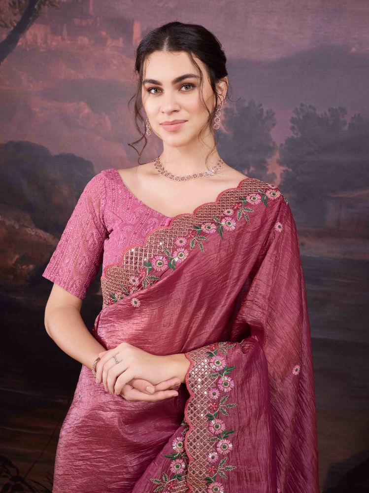 Jyoti Fashion Women's Pink Art Silk Sequins Embroidered Designer Saree with Blouse - Distacart
