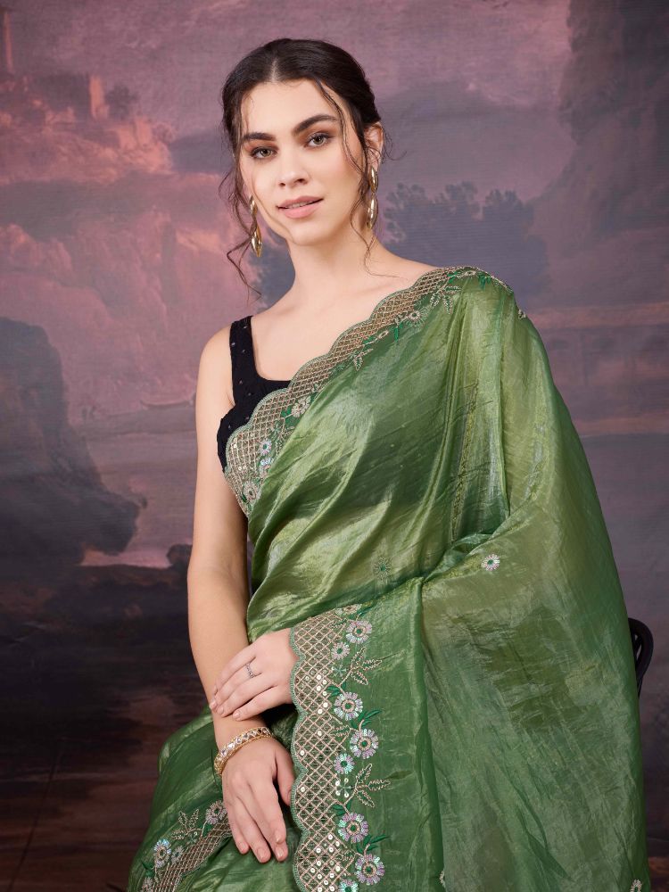 Jyoti Fashion Women's Mehendi Art Silk Sequins Embroidered Designer Saree with Blouse - Distacart