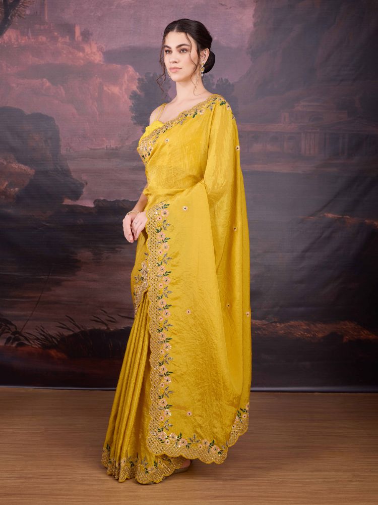 Jyoti Fashion Women's Yellow Art Silk Sequins Embroidered Designer Saree with Blouse - Distacart