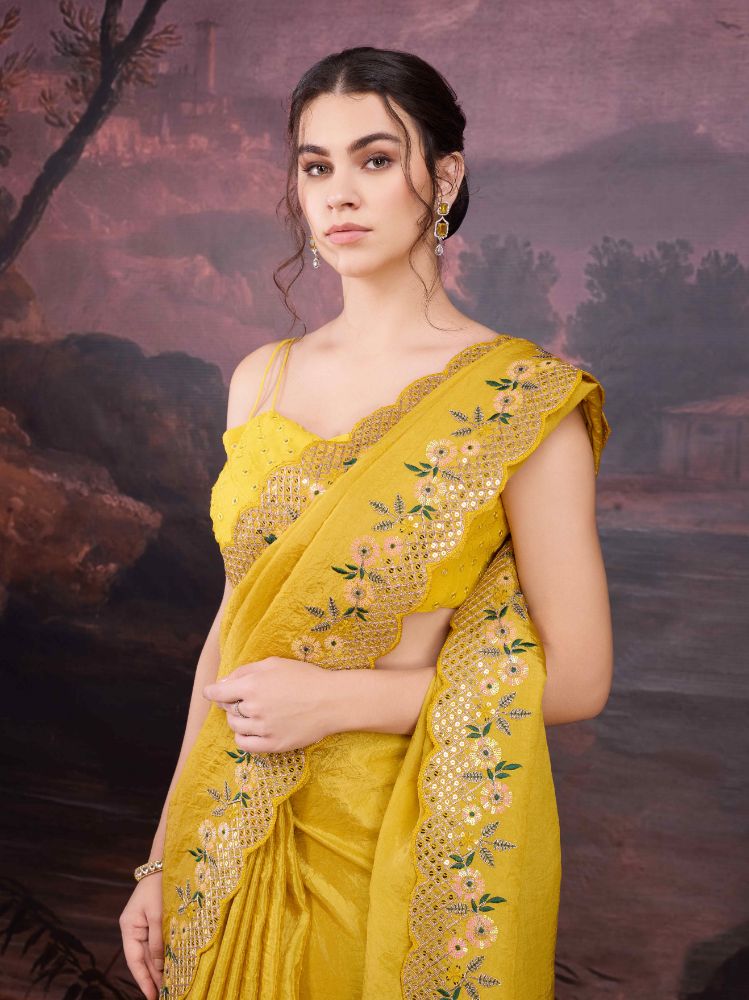 Jyoti Fashion Women's Yellow Art Silk Sequins Embroidered Designer Saree with Blouse - Distacart