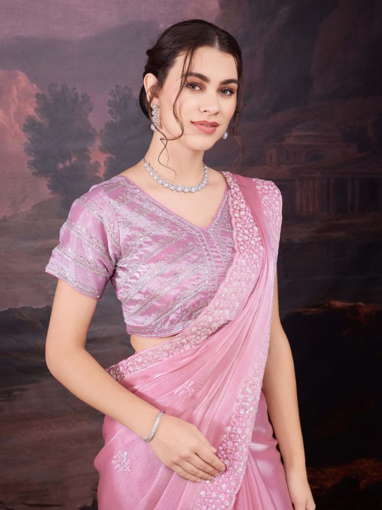 Jyoti Fashion Women's Baby Pink Jimmy Choo Sequins Embroidered Designer Saree with Blouse - Distacart