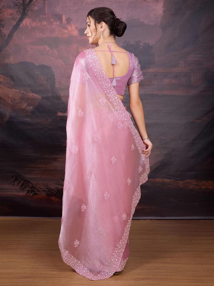 Jyoti Fashion Women's Baby Pink Jimmy Choo Sequins Embroidered Designer Saree with Blouse - Distacart