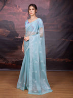 Jyoti Fashion Women's Sky Blue Jimmy Choo Sequins Embroidered Designer Saree with Blouse - Distacart