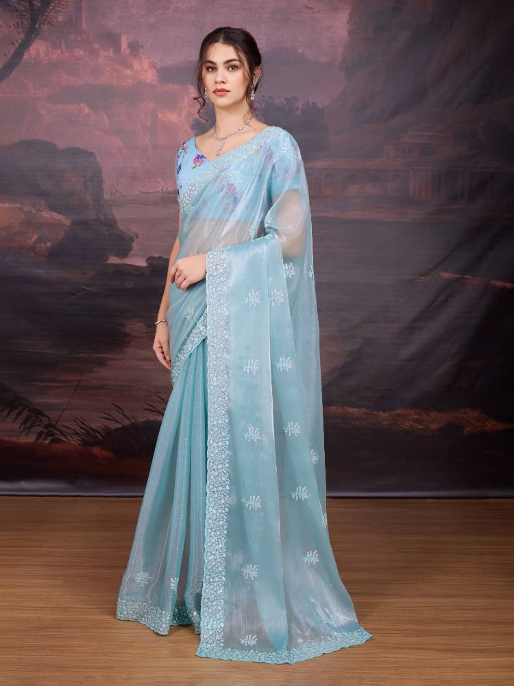 Jyoti Fashion Women's Sky Blue Jimmy Choo Sequins Embroidered Designer Saree with Blouse - Distacart