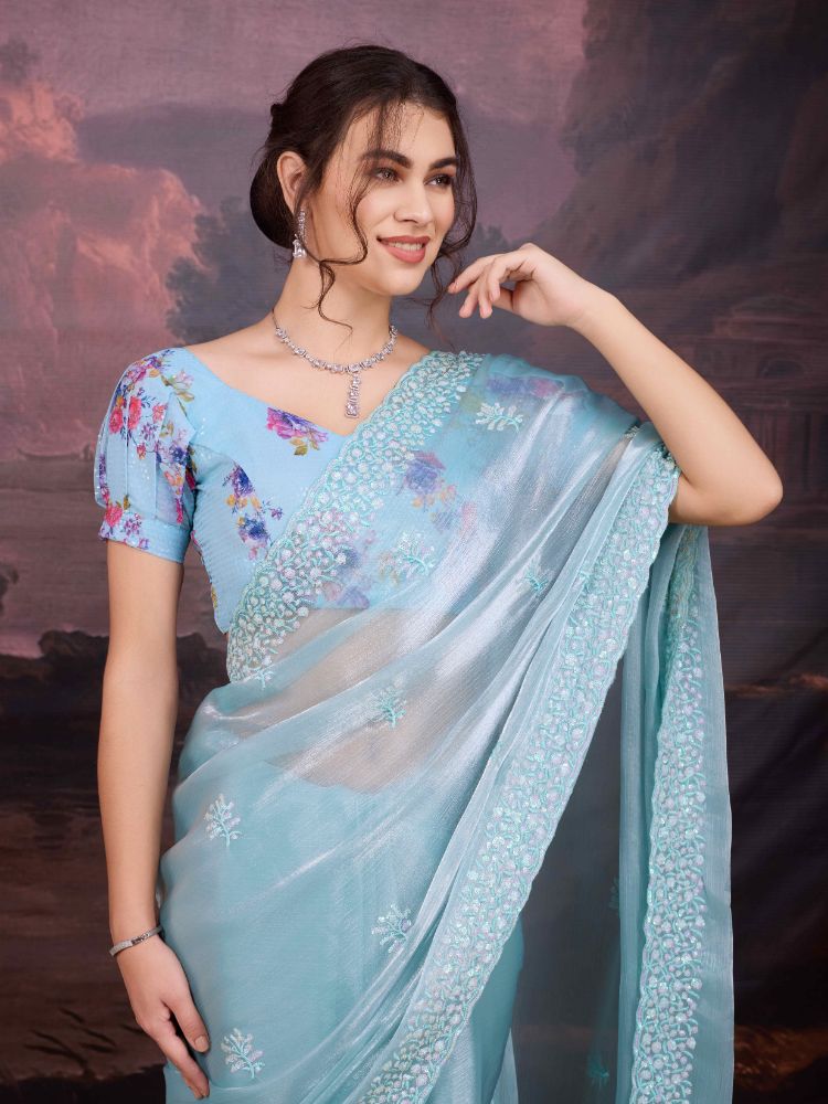 Jyoti Fashion Women's Sky Blue Jimmy Choo Sequins Embroidered Designer Saree with Blouse - Distacart