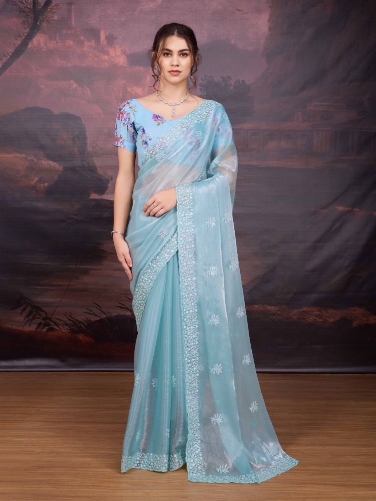 Jyoti Fashion Women's Sky Blue Jimmy Choo Sequins Embroidered Designer Saree with Blouse - Distacart