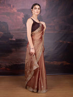 Jyoti Fashion Women's Brown Jimmy Choo Embroidered Siroski Designer Saree with Blouse - Distacart