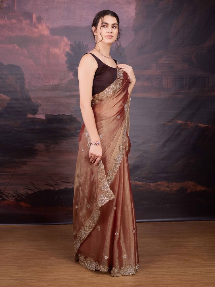 Jyoti Fashion Women's Brown Jimmy Choo Embroidered Siroski Designer Saree with Blouse - Distacart