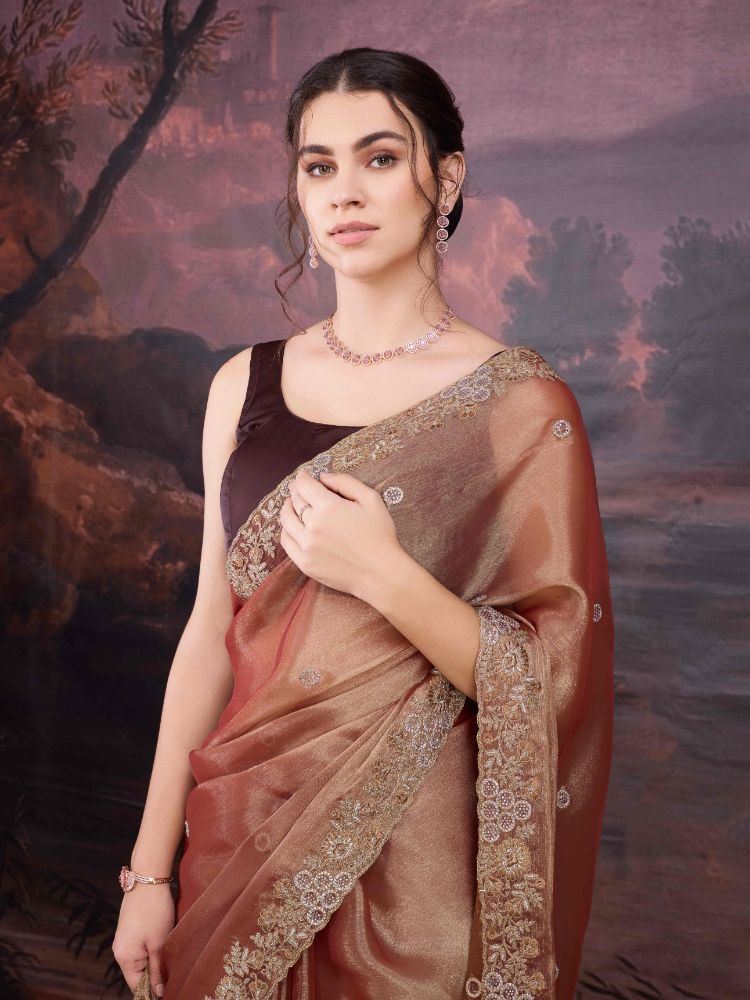 Jyoti Fashion Women's Brown Jimmy Choo Embroidered Siroski Designer Saree with Blouse - Distacart