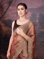 Jyoti Fashion Women's Brown Jimmy Choo Embroidered Siroski Designer Saree with Blouse - Distacart