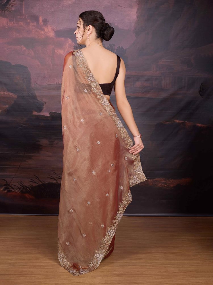 Jyoti Fashion Women's Brown Jimmy Choo Embroidered Siroski Designer Saree with Blouse - Distacart