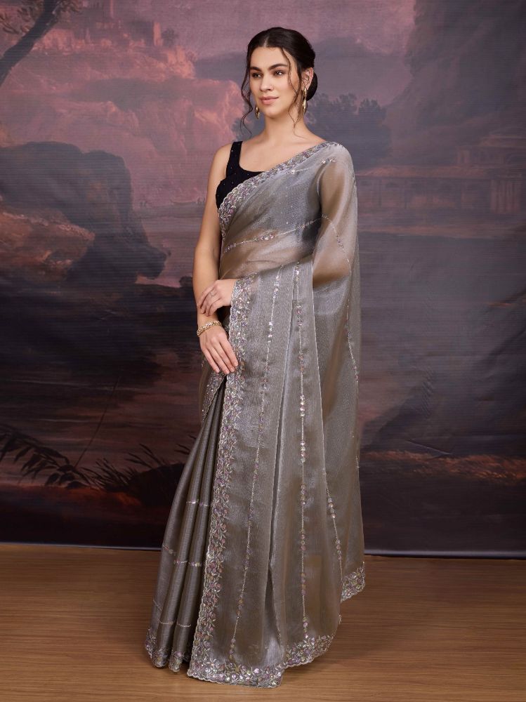 Jyoti Fashion Women's Grey Jimmy Choo Sequins Embroidered Designer Saree with Blouse - Distacart