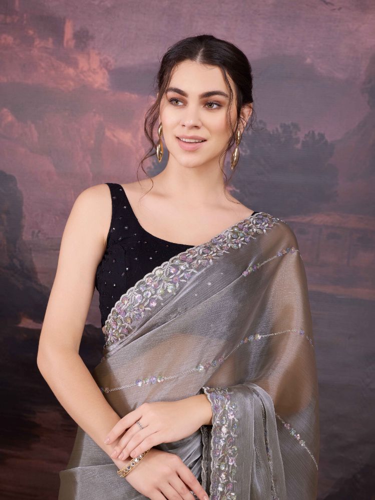 Jyoti Fashion Women's Grey Jimmy Choo Sequins Embroidered Designer Saree with Blouse - Distacart