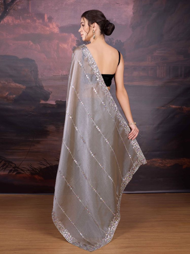 Jyoti Fashion Women's Grey Jimmy Choo Sequins Embroidered Designer Saree with Blouse - Distacart