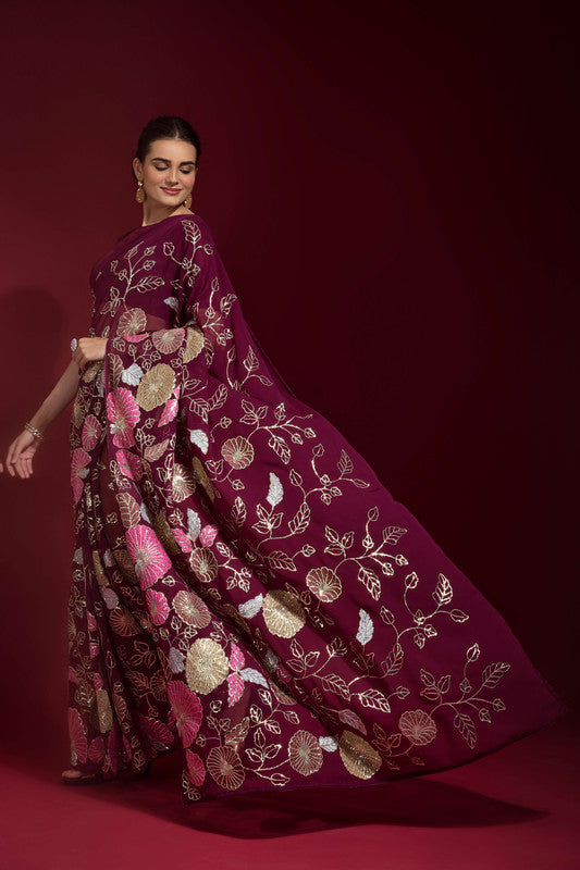 Jyoti Fashion Women's Wine Sequence Embroidery Georgette Saree with Blouse - Distacart