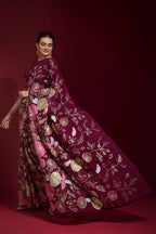 Jyoti Fashion Women's Wine Sequence Embroidery Georgette Saree with Blouse - Distacart