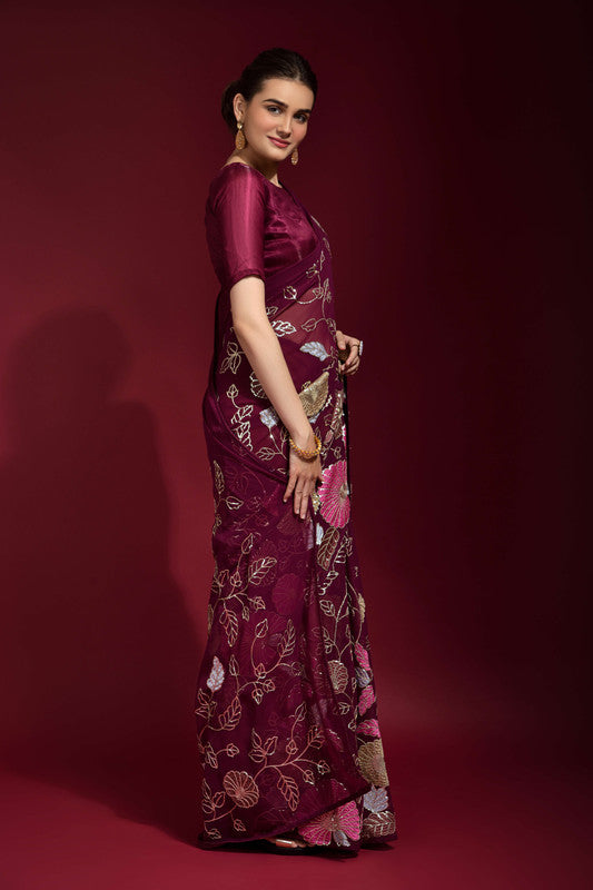 Jyoti Fashion Women's Wine Sequence Embroidery Georgette Saree with Blouse - Distacart