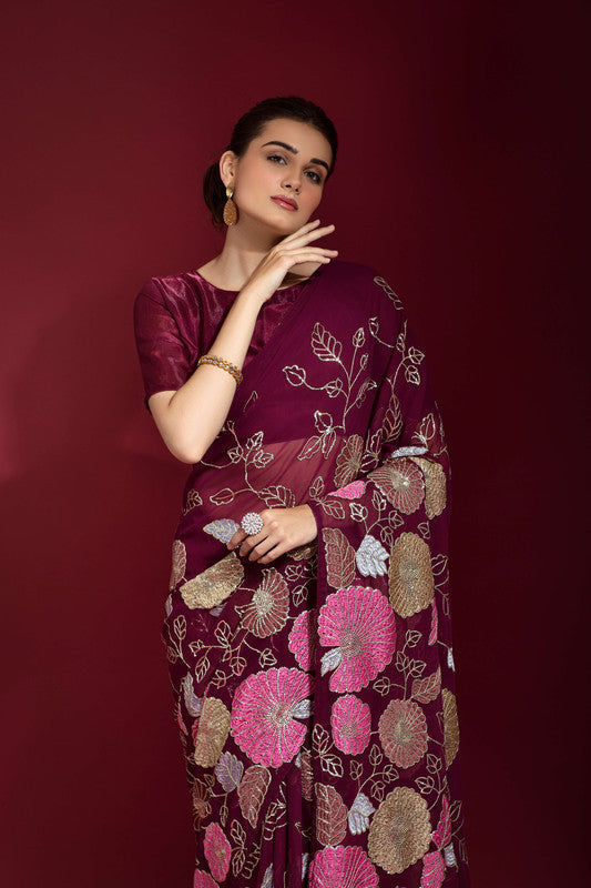 Jyoti Fashion Women's Wine Sequence Embroidery Georgette Saree with Blouse - Distacart