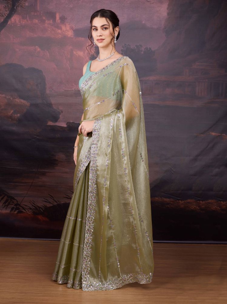 Jyoti Fashion Women's Sea Green Jimmy Choo Sequins Embroidered Designer Saree with Blouse - Distacart