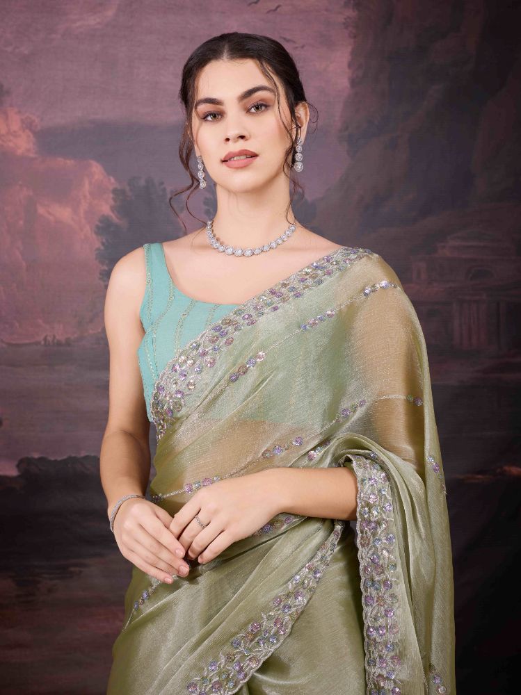 Jyoti Fashion Women's Sea Green Jimmy Choo Sequins Embroidered Designer Saree with Blouse - Distacart