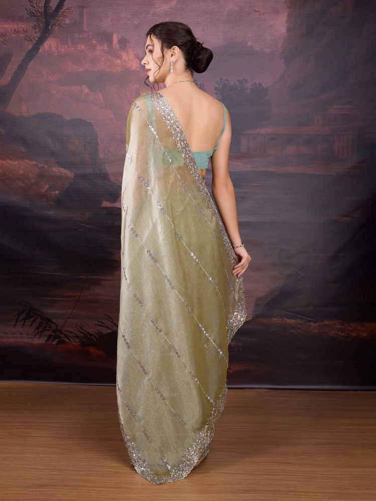 Jyoti Fashion Women's Sea Green Jimmy Choo Sequins Embroidered Designer Saree with Blouse - Distacart