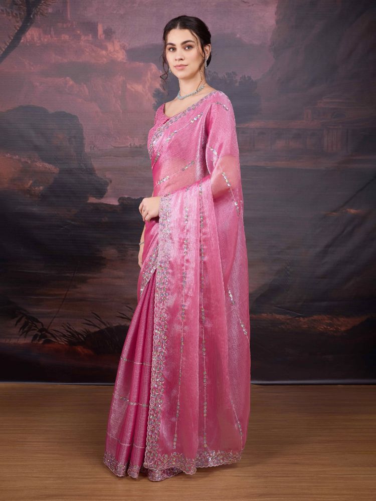 Jyoti Fashion Women's Pink Jimmy Choo Sequins Embroidered Designer Saree with Blouse - Distacart