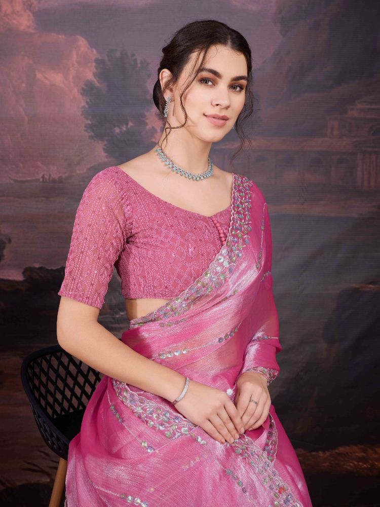Jyoti Fashion Women's Pink Jimmy Choo Sequins Embroidered Designer Saree with Blouse - Distacart