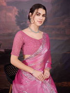 Jyoti Fashion Women's Pink Jimmy Choo Sequins Embroidered Designer Saree with Blouse - Distacart