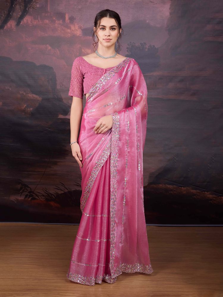Jyoti Fashion Women's Pink Jimmy Choo Sequins Embroidered Designer Saree with Blouse - Distacart