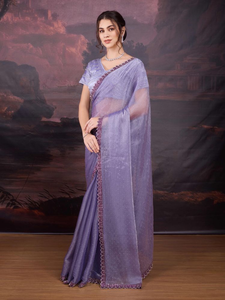 Jyoti Fashion Women's Light Purple Jimmy Choo Heavy Beads Work Designer Saree with Blouse - Distacart