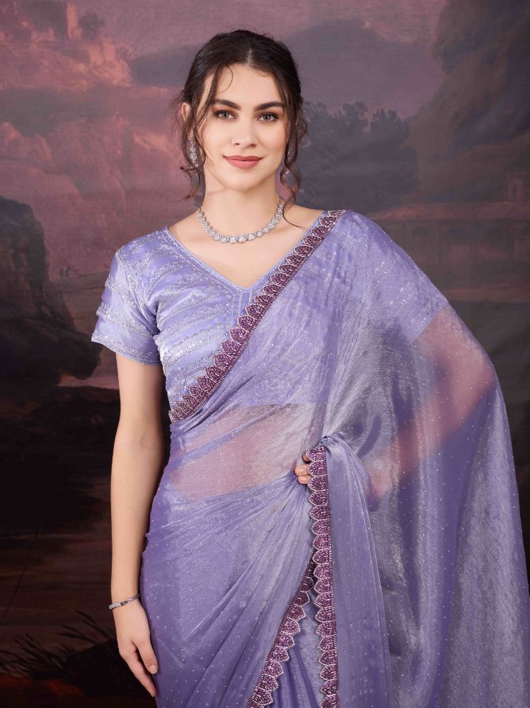 Jyoti Fashion Women's Light Purple Jimmy Choo Heavy Beads Work Designer Saree with Blouse - Distacart