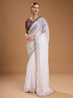 Jyoti Fashion Women's White Jimmy Choo Sequins Embroidered Designer Saree with Blouse - Distacart