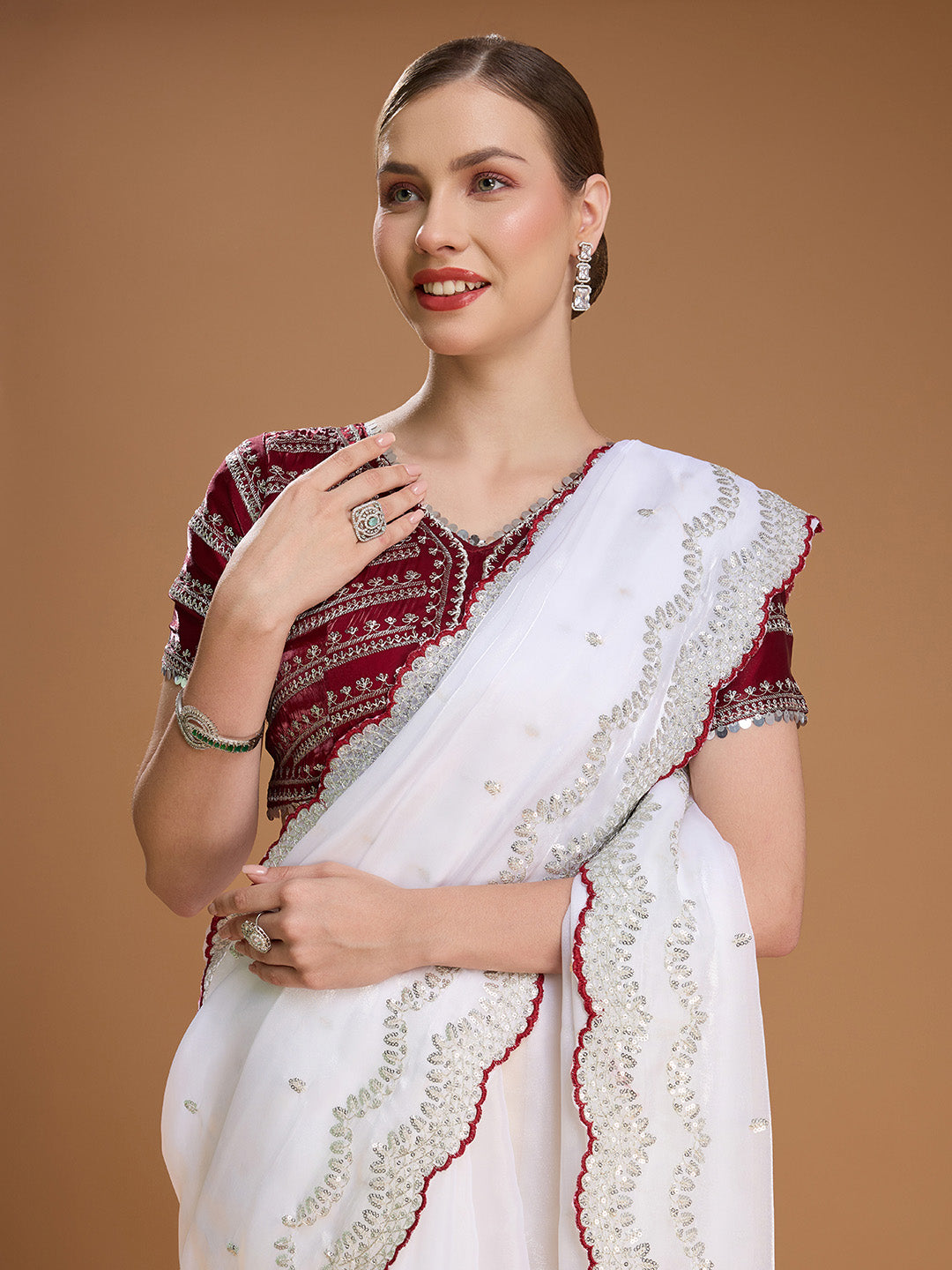 Jyoti Fashion Women's White Jimmy Choo Sequins Embroidered Designer Saree with Blouse - Distacart