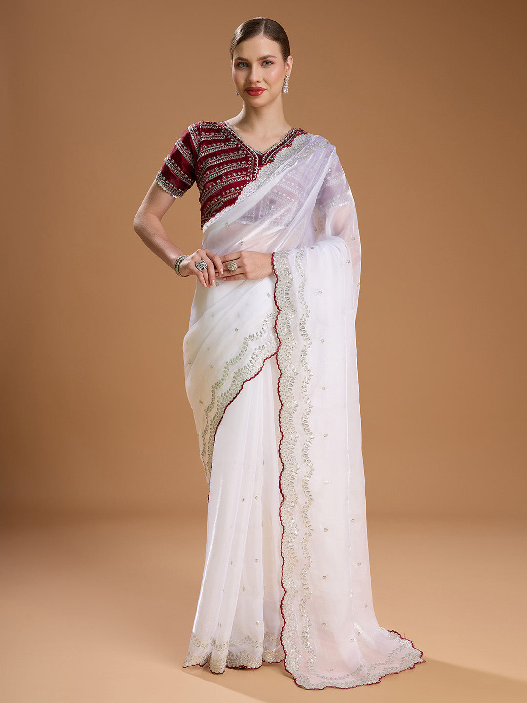 Jyoti Fashion Women's White Jimmy Choo Sequins Embroidered Designer Saree with Blouse - Distacart