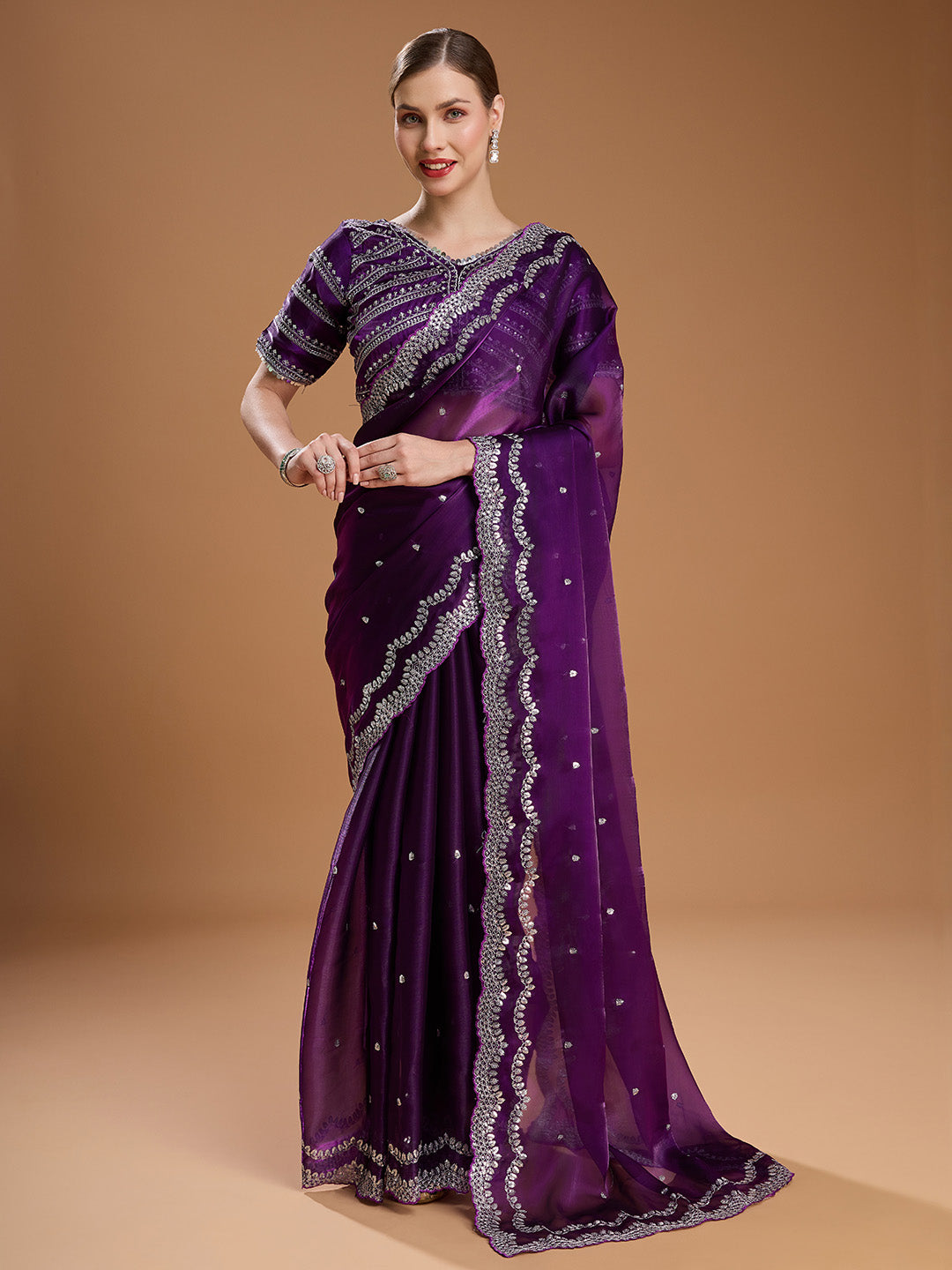 Jyoti Fashion Women's Purple Jimmy Choo Sequins Embroidered Designer Saree with Blouse - Distacart
