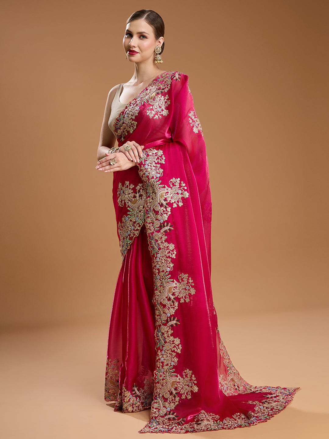 Jyoti Fashion Women's Rani Pink Jimmy Choo Embroidered & Coding Designer Saree with Blouse - Distacart
