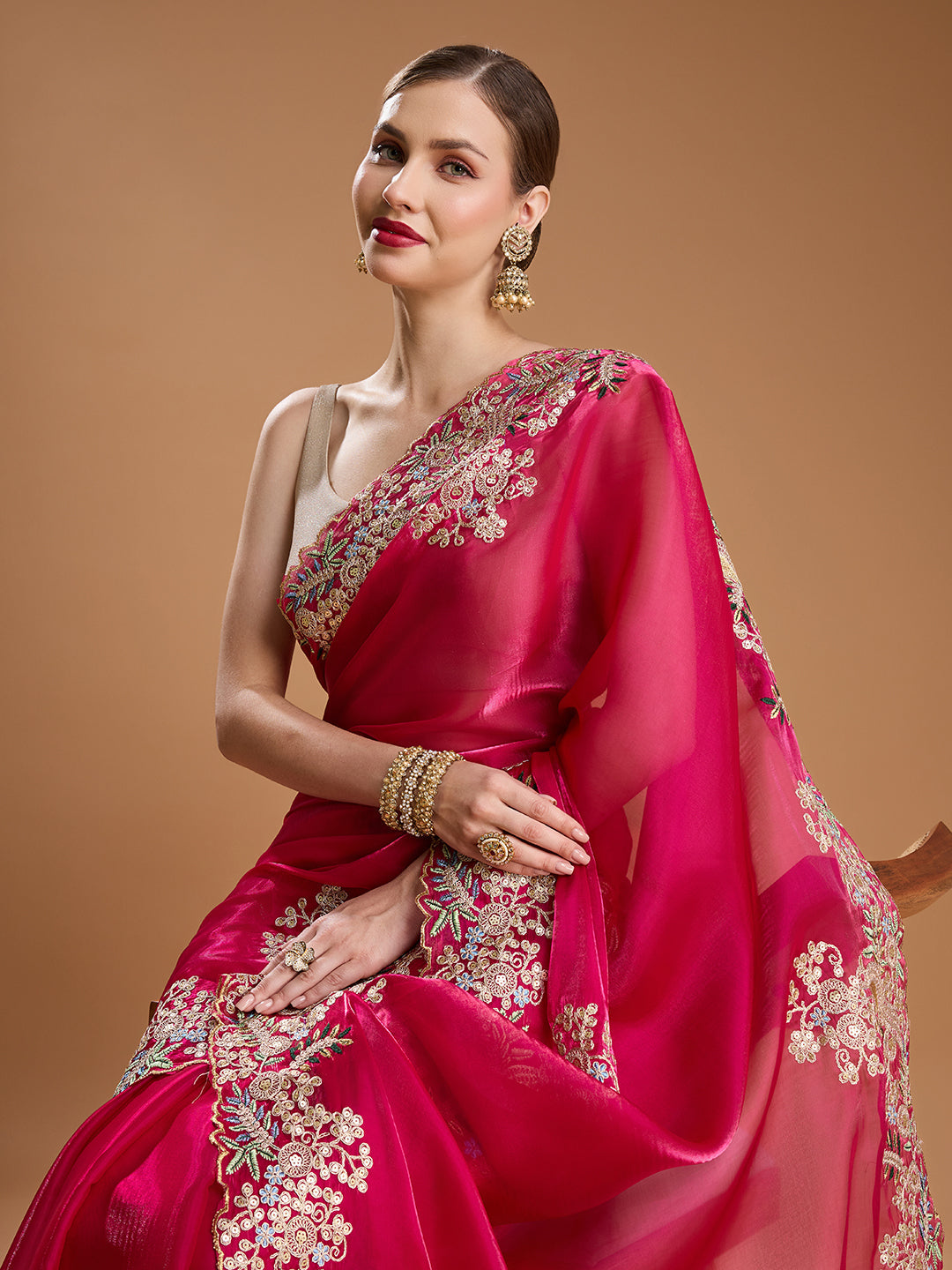 Jyoti Fashion Women's Rani Pink Jimmy Choo Embroidered & Coding Designer Saree with Blouse - Distacart
