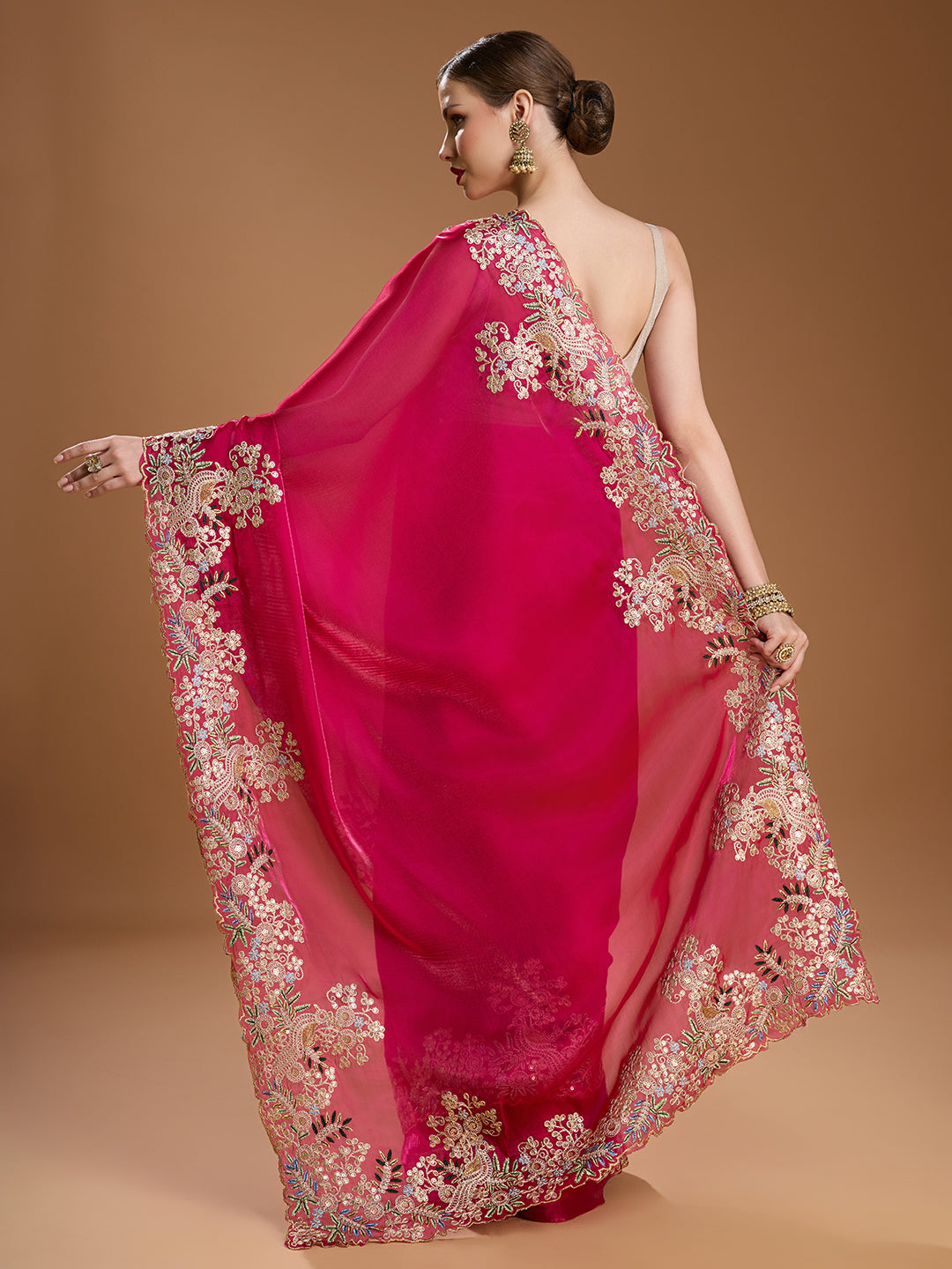 Jyoti Fashion Women's Rani Pink Jimmy Choo Embroidered & Coding Designer Saree with Blouse - Distacart