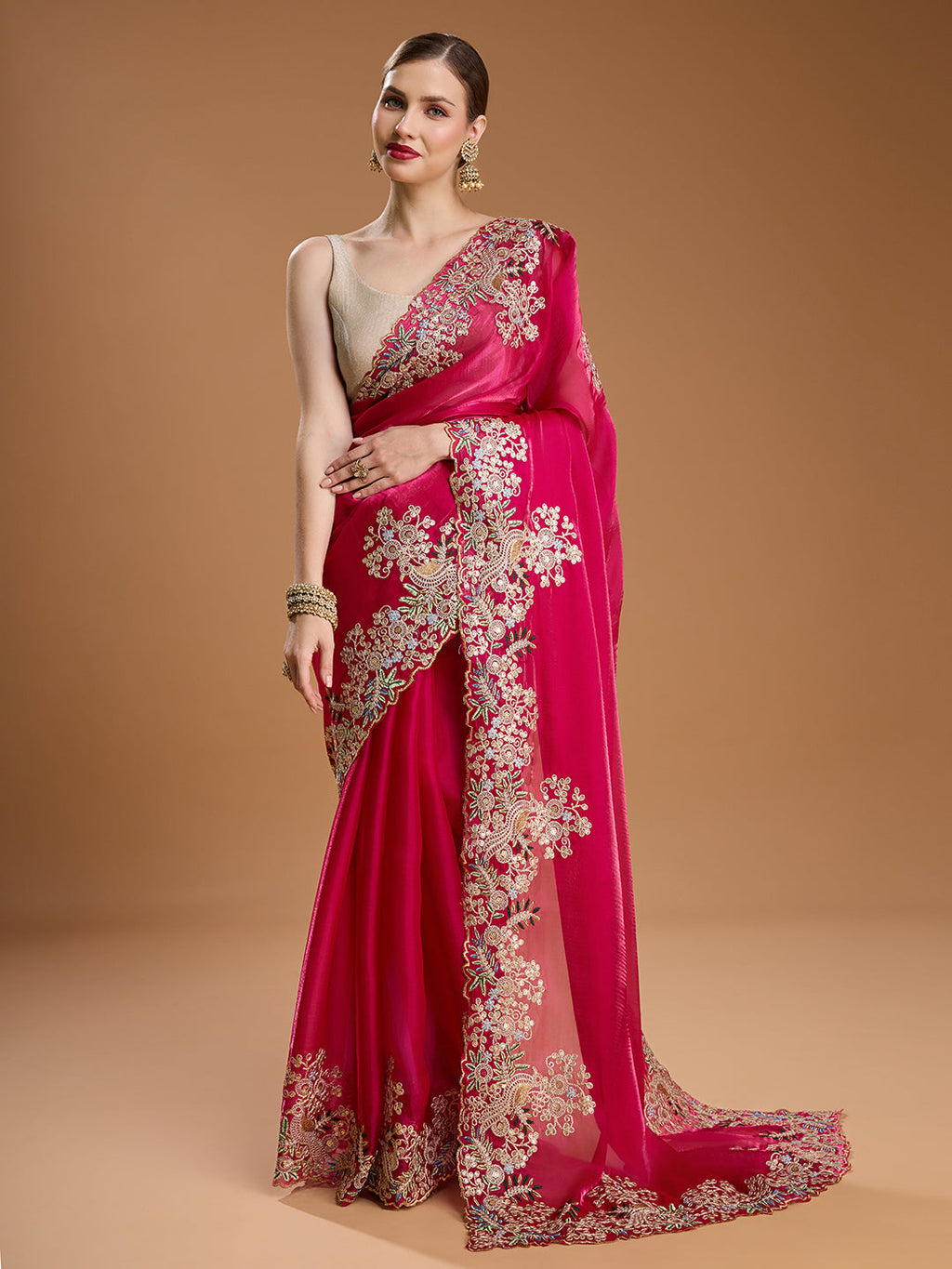 Jyoti Fashion Women's Rani Pink Jimmy Choo Embroidered & Coding Designer Saree with Blouse - Distacart
