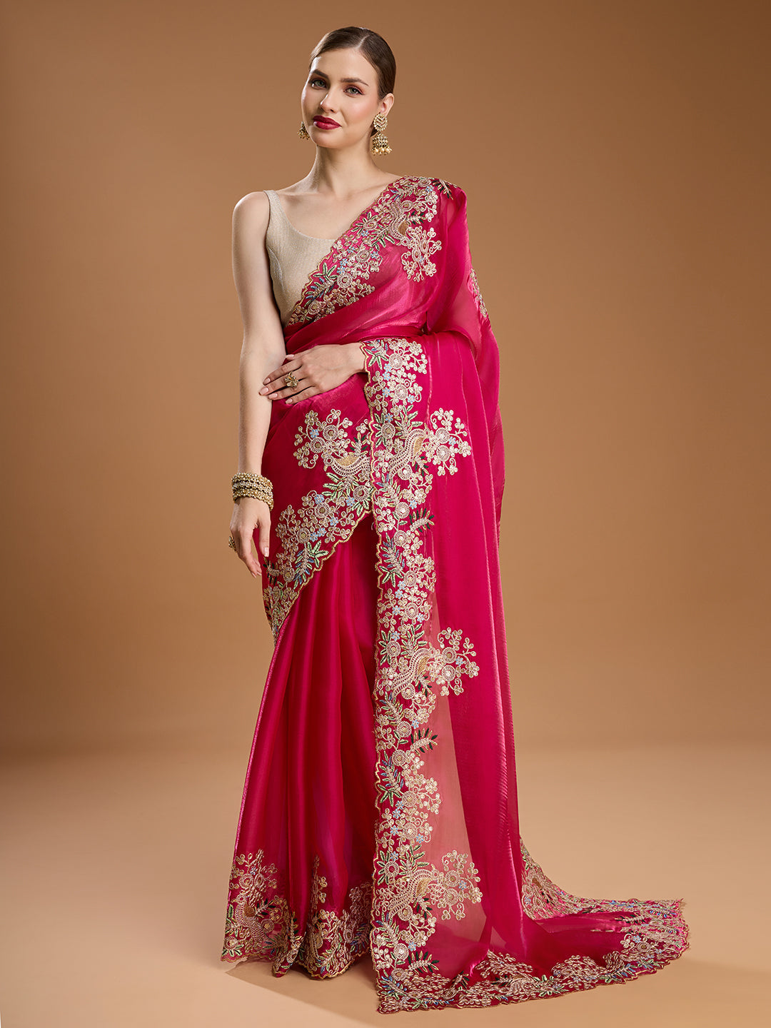 Jyoti Fashion Women's Rani Pink Jimmy Choo Embroidered & Coding Designer Saree with Blouse - Distacart