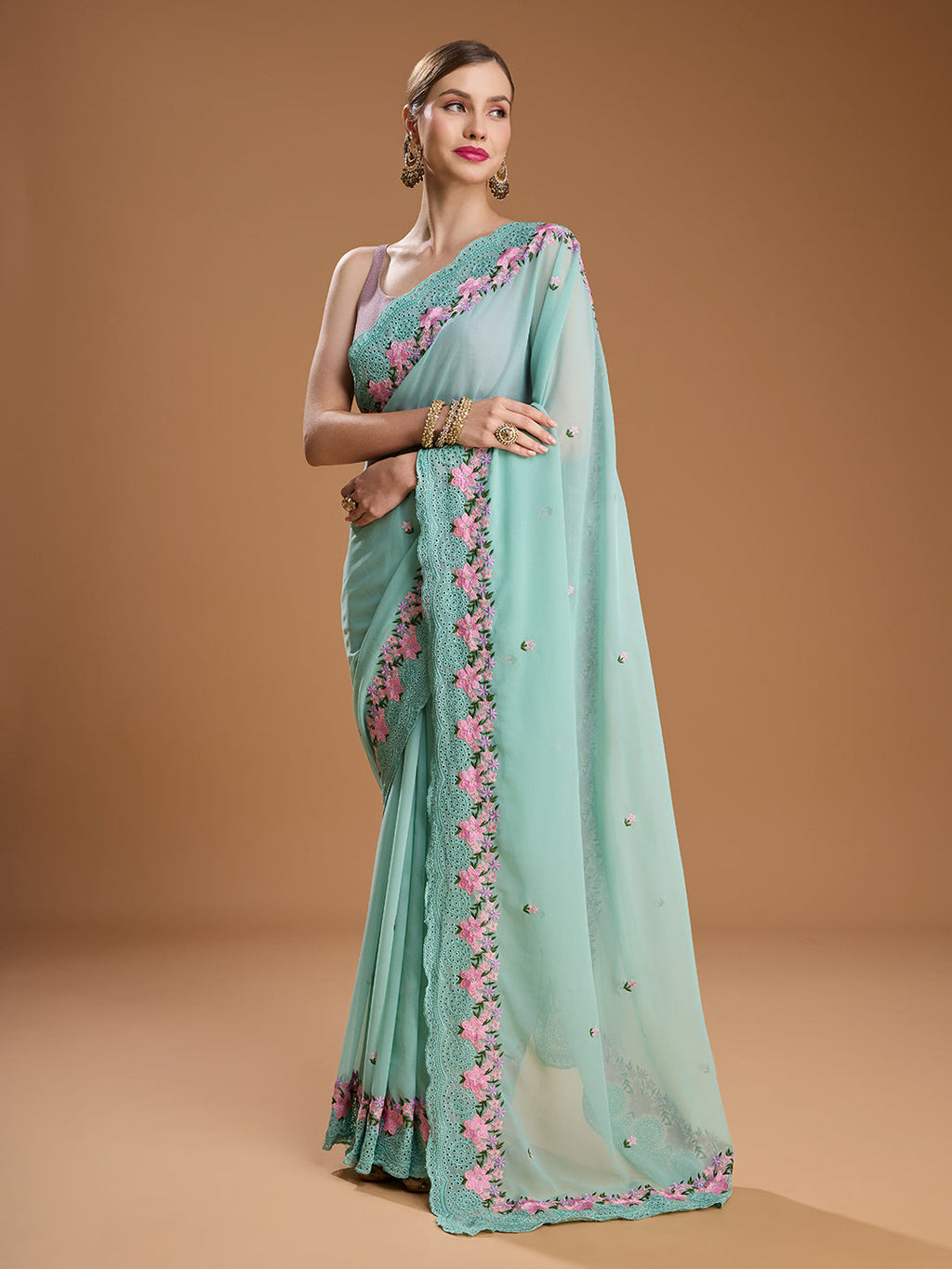 Jyoti Fashion Women's Sky Blue Chiffon Satin Embroidered Designer Saree with Blouse - Distacart