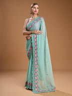 Jyoti Fashion Women's Sky Blue Chiffon Satin Embroidered Designer Saree with Blouse - Distacart