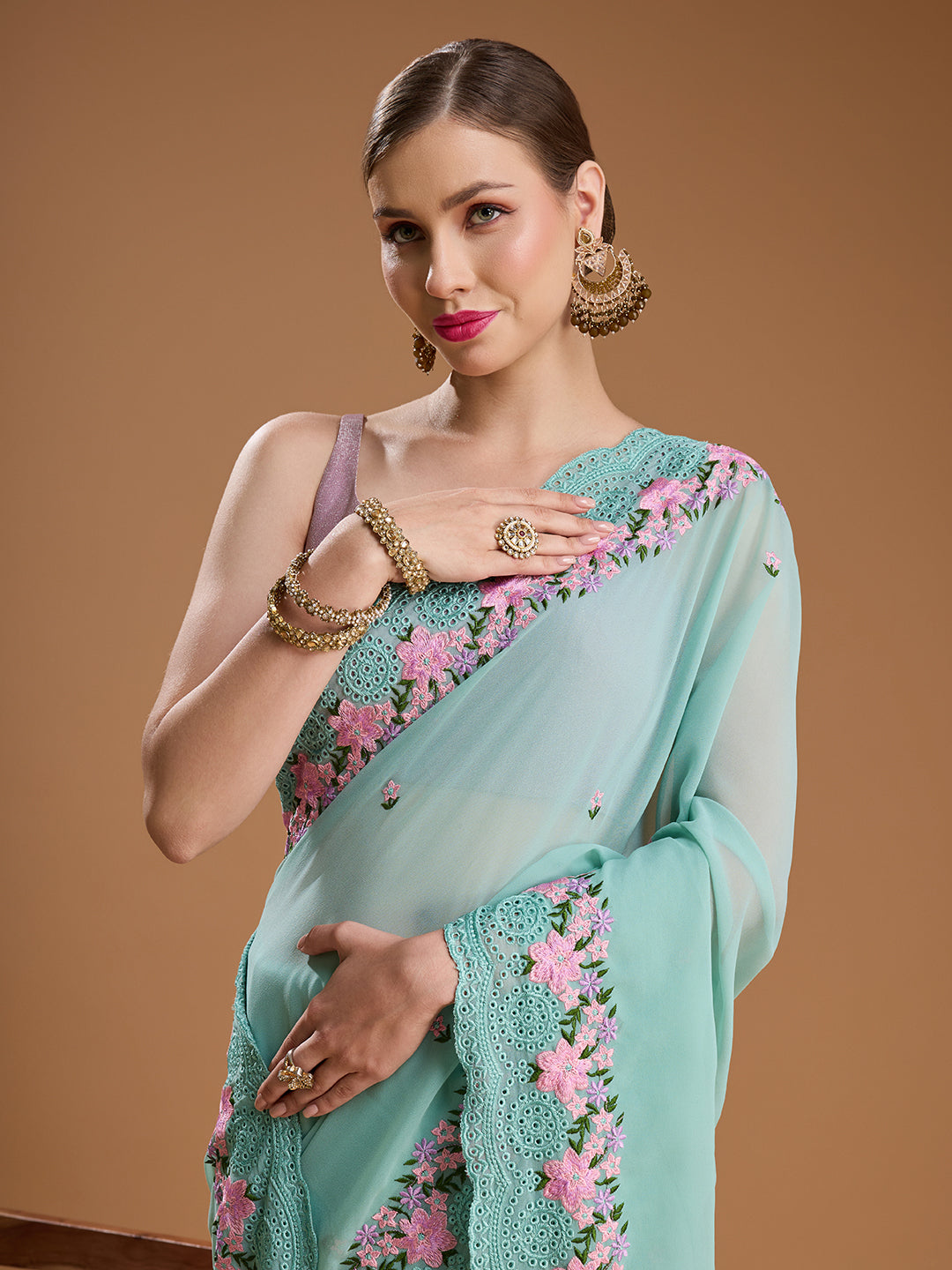Jyoti Fashion Women's Sky Blue Chiffon Satin Embroidered Designer Saree with Blouse - Distacart