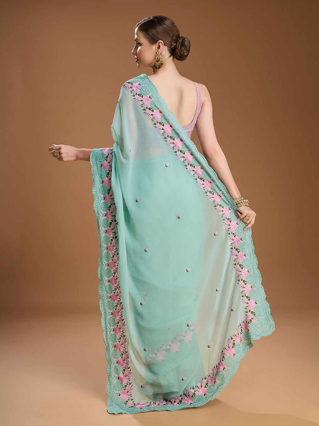 Jyoti Fashion Women's Sky Blue Chiffon Satin Embroidered Designer Saree with Blouse - Distacart