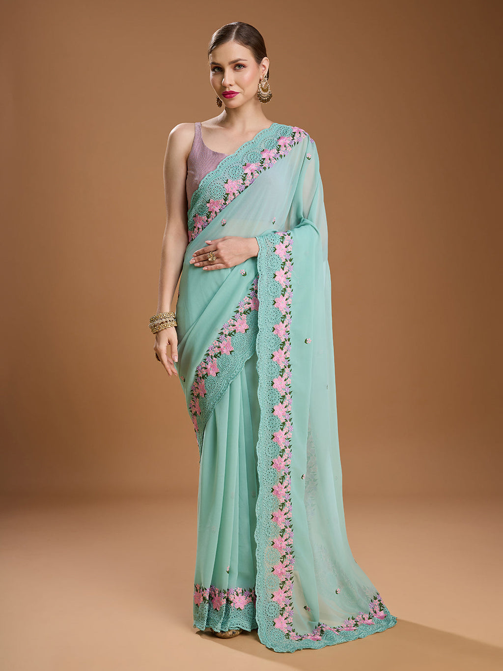 Jyoti Fashion Women's Sky Blue Chiffon Satin Embroidered Designer Saree with Blouse - Distacart
