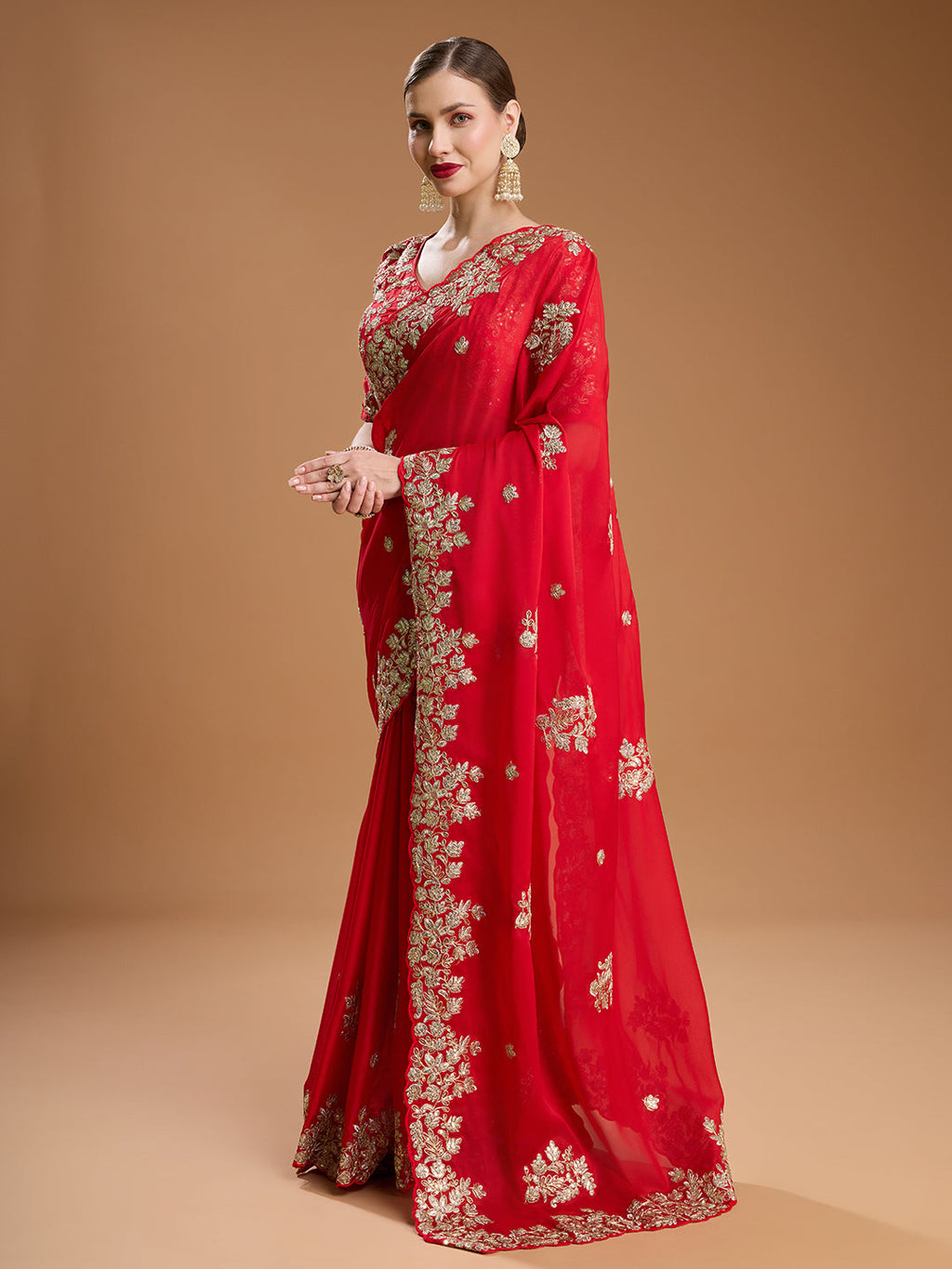 Jyoti Fashion Women's Red Jimmy Choo Embroidered & Coding Designer Saree with Blouse - Distacart