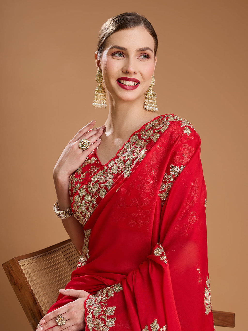 Jyoti Fashion Women's Red Jimmy Choo Embroidered & Coding Designer Saree with Blouse - Distacart