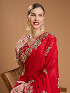 Jyoti Fashion Women's Red Jimmy Choo Embroidered & Coding Designer Saree with Blouse - Distacart