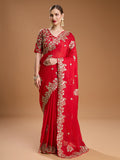 Jyoti Fashion Women's Red Jimmy Choo Embroidered & Coding Designer Saree with Blouse - Distacart
